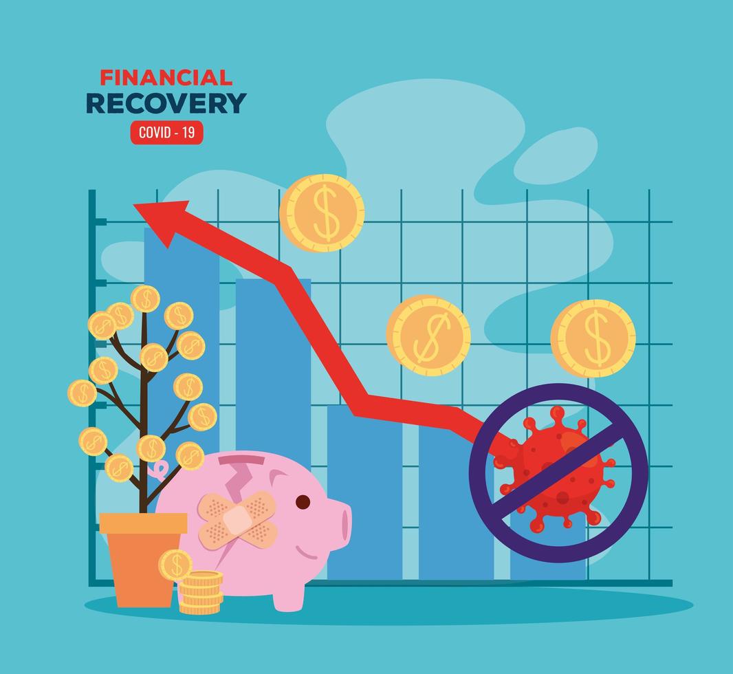 recuperação financeira global do mercado após 19 covid, infográfico com ícones financeiros vetor