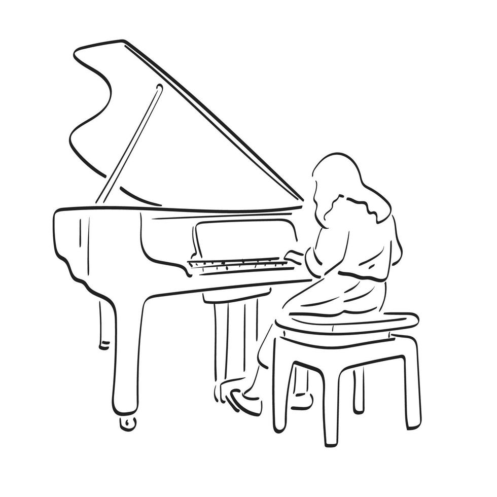 mulher tocando piano de cauda ilustração vetorial mão desenhada isolada na arte de linha de fundo branco. vetor