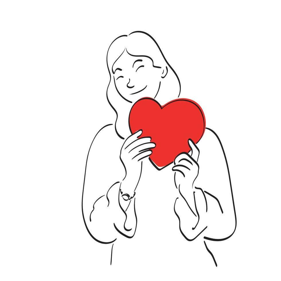 metade do comprimento da mulher segurando a mão de vetor de ilustração de coração vermelho desenhada isolada na arte de linha de fundo branco.