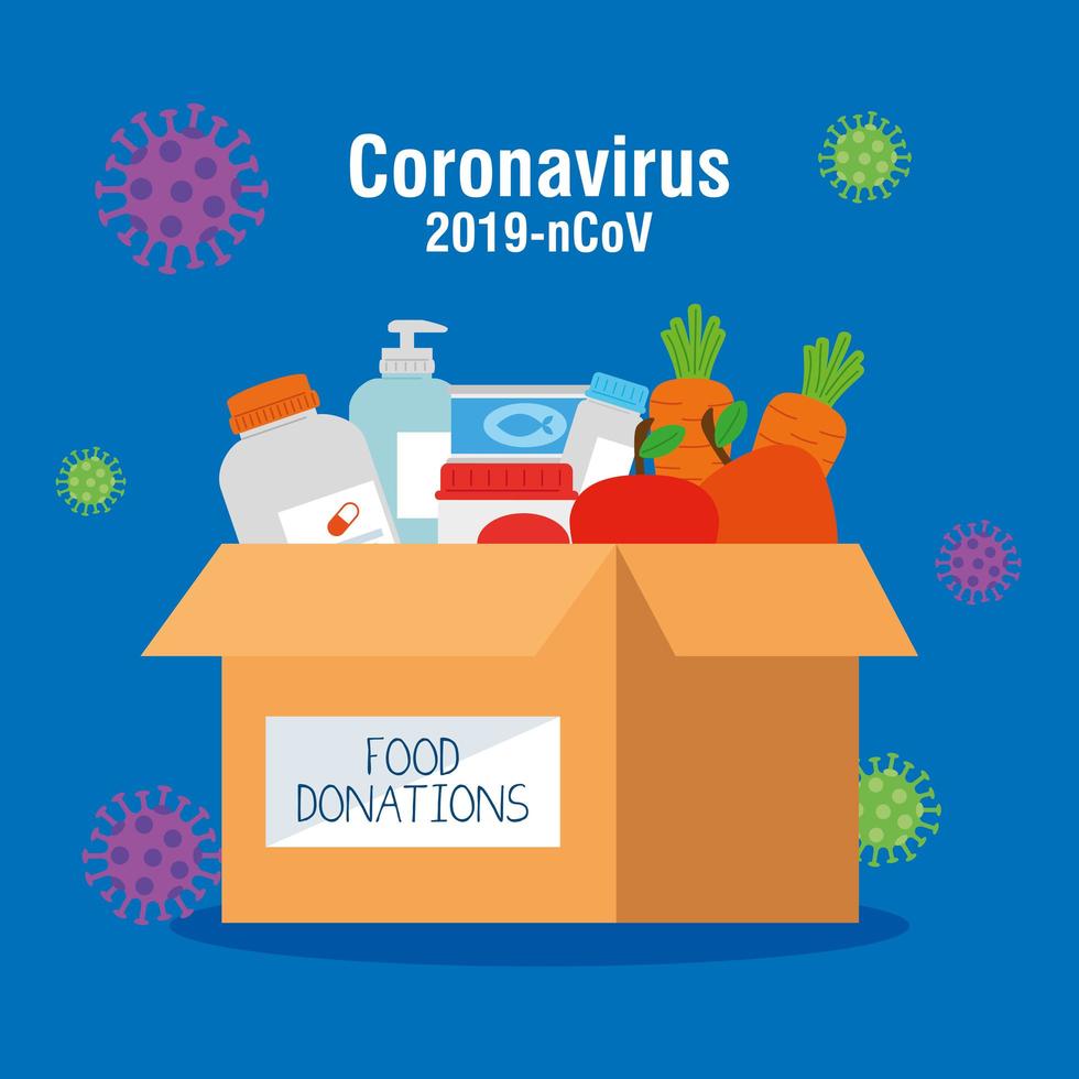 comida caixa de doação de papelão, assistência social, durante o coronavírus 2019 ncov vetor