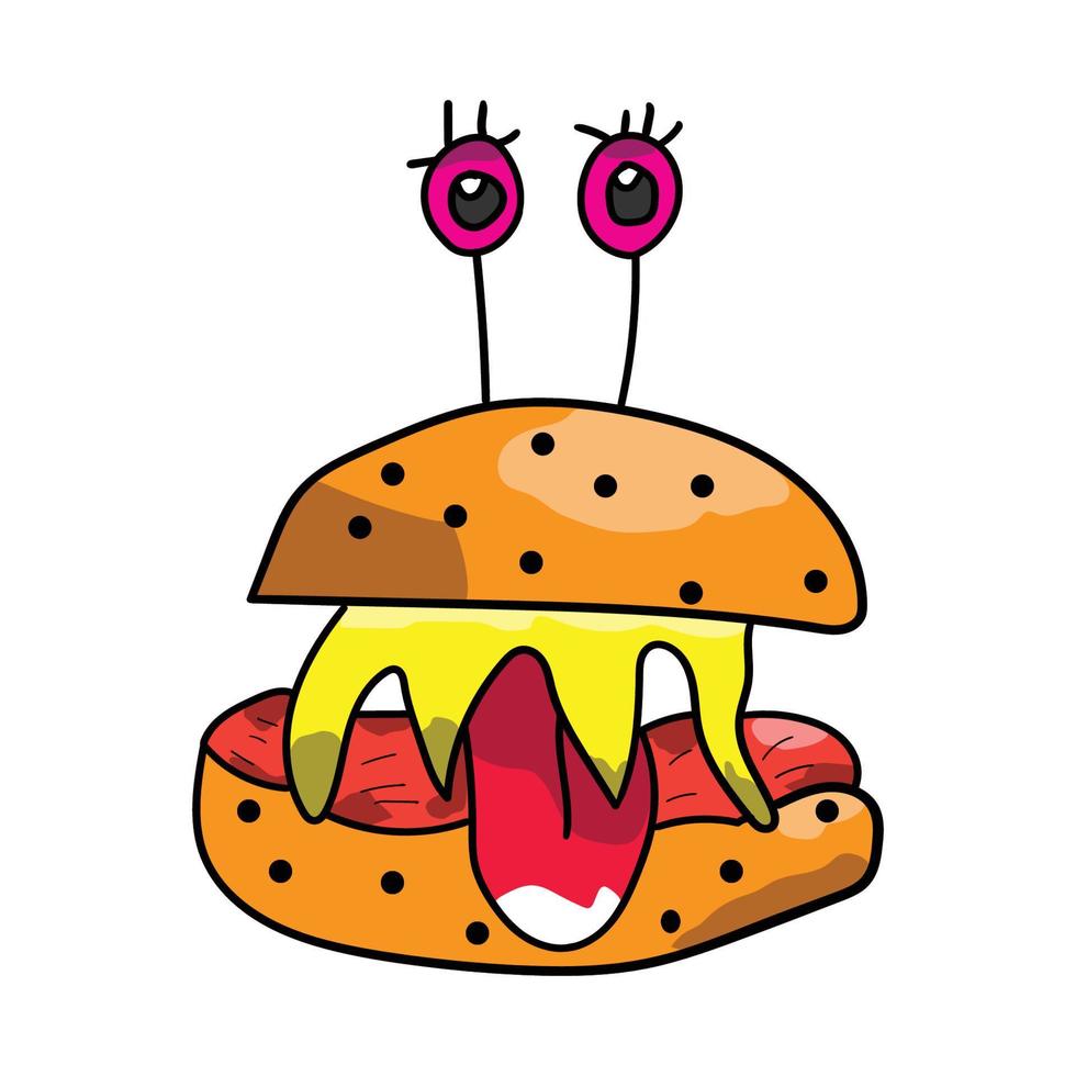 ilustrações vetoriais de hambúrguer monstro para seu logotipo de trabalho, camiseta de mercadoria, adesivos e designs de etiquetas, pôsteres, cartões de saudação anunciando empresas ou marcas vetor