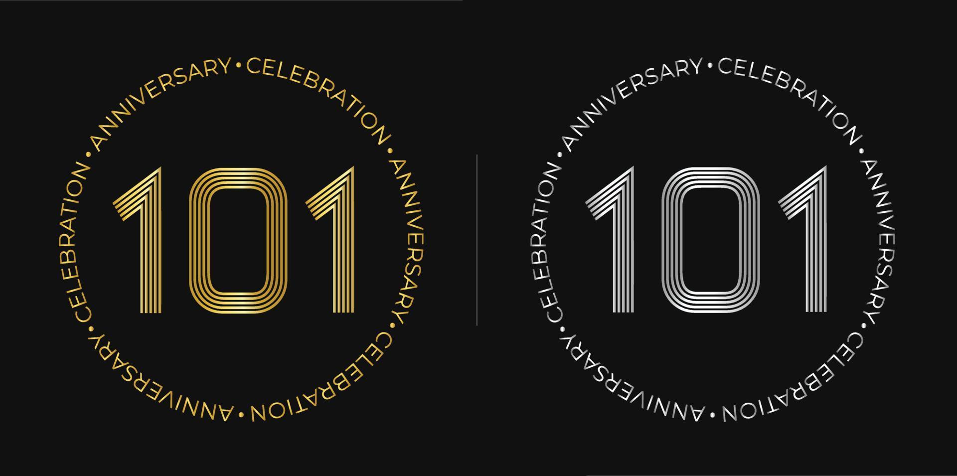 101º aniversário. banner de celebração de aniversário de cem anos em cores douradas e prateadas. logotipo circular com design de números originais em linhas elegantes. vetor