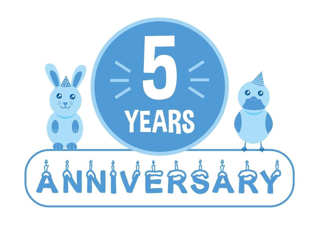 5º aniversário. banner de comemoração de aniversário de cinco anos com tema de animais azuis para crianças. vetor