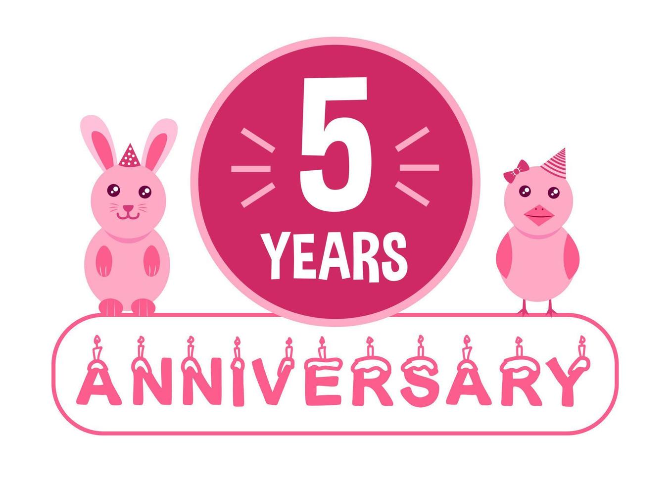 5º aniversário. banner de comemoração de aniversário de cinco anos com tema de animais rosa para crianças. vetor