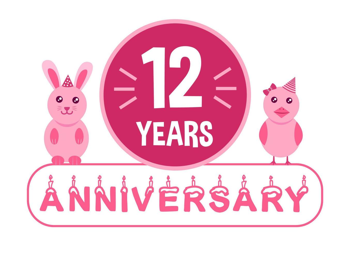 12º aniversário. tema de banner de celebração de aniversário de doze anos com animais rosa para crianças. vetor