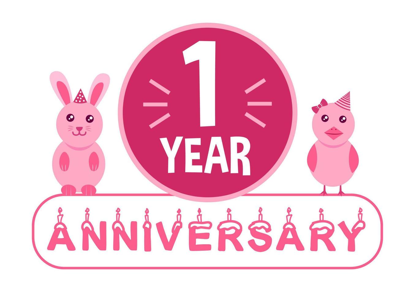 1º aniversário. banner de comemoração de aniversário de um ano com tema de animais rosa para crianças. vetor