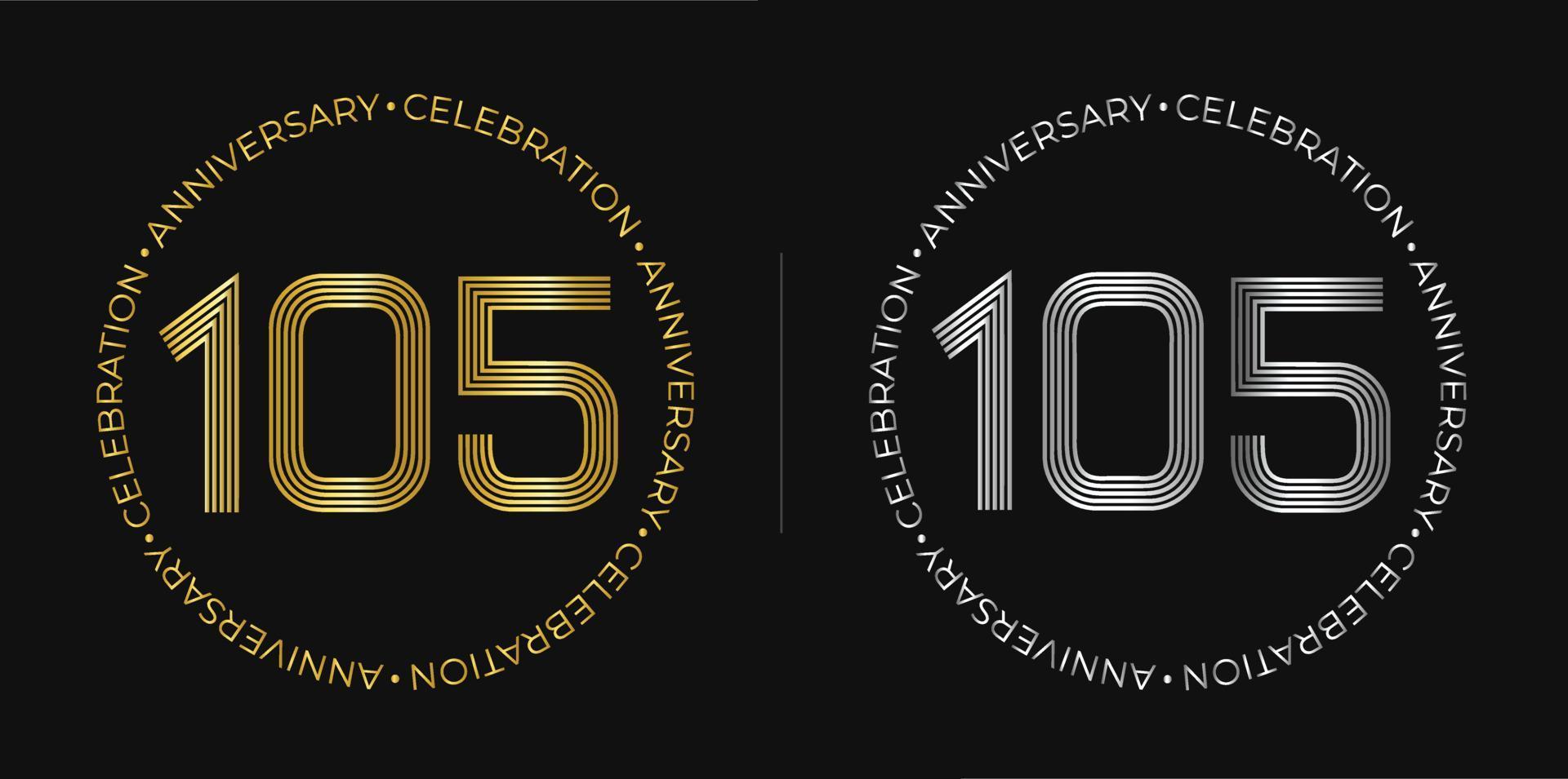 105º aniversário. banner de comemoração de aniversário de cento e cinco anos em cores douradas e prateadas. logotipo circular com design de números originais em linhas elegantes. vetor