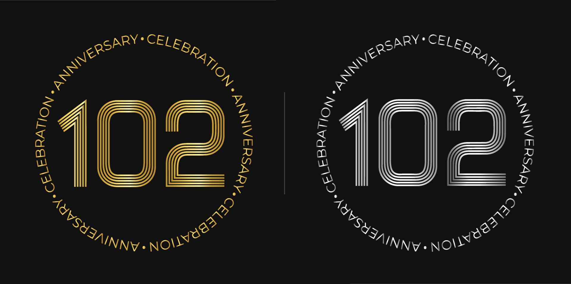 102º aniversário. banner de celebração de aniversário de cento e dois anos em cores douradas e prateadas. logotipo circular com design de números originais em linhas elegantes. vetor