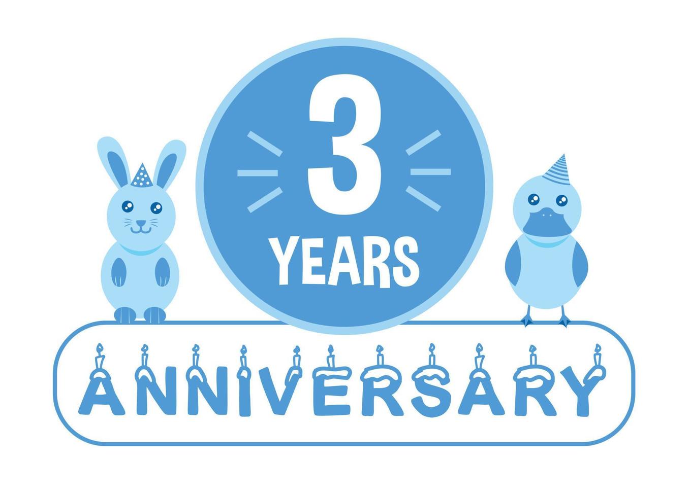 3º aniversário. banner de comemoração de aniversário de três anos com tema de animais azuis para crianças. vetor