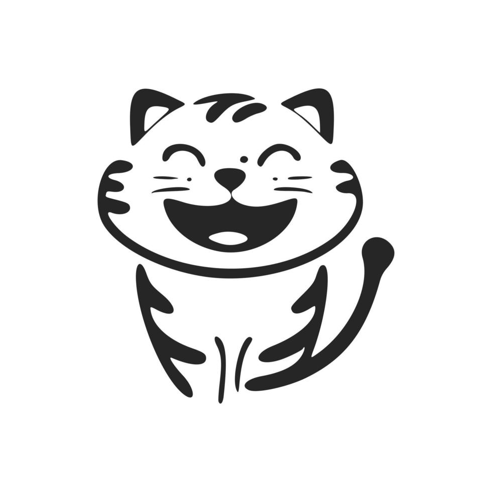 um bonito e positivo logotipo de tigre rindo em preto e branco. vetor