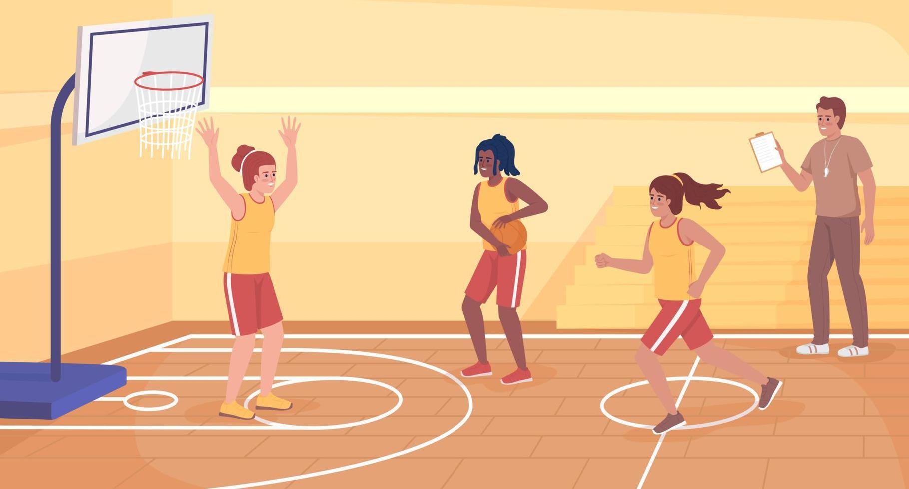clube atlético na ilustração vetorial de escola de cores planas. meninas desportivas jogando basquete juntos. atividades esportivas do ensino médio. personagens de desenhos animados simples 2d totalmente editáveis com ginásio no fundo vetor