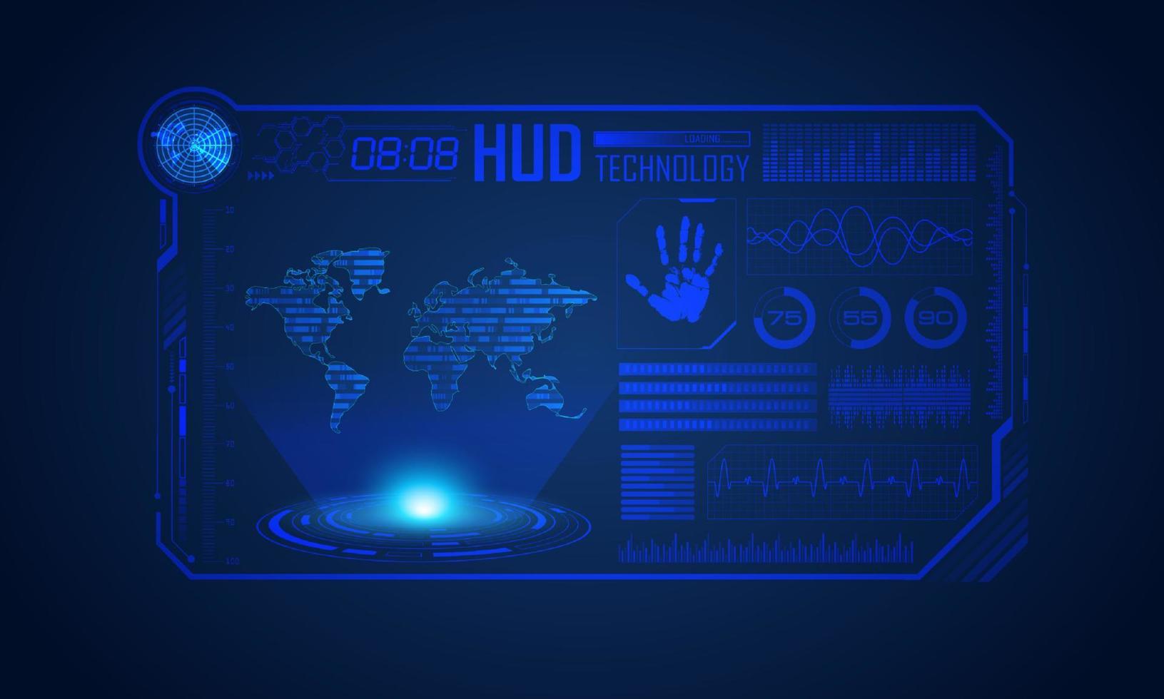 fundo de tela de tecnologia hud moderno azul com mapa-múndi vetor