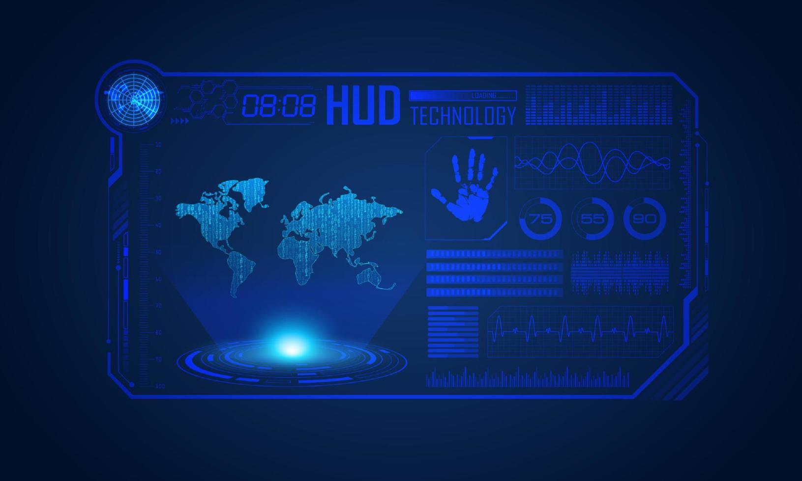 fundo de tela de tecnologia hud moderno azul com mapa-múndi vetor