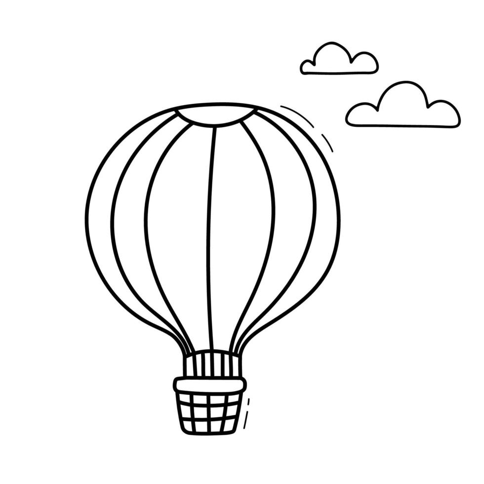 rabisco desenhado à mão de balão de ar quente nas nuvens. transporte aéreo para viagens. desenho vetorial isolado no fundo branco para livro de colorir vetor