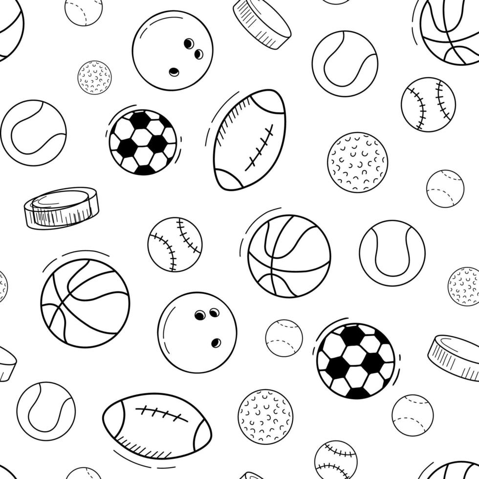 padrão monocromático de esportes sem costura com bolas. linha doodle tênis, bolas de futebol em fundo branco. vetor