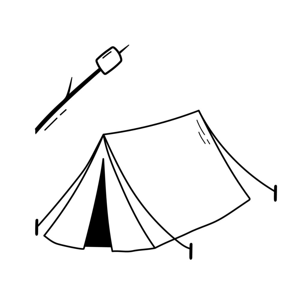 barraca de acampamento desenhada à mão e ícone de doodle de marshmallow. esboço de contorno de vetor isolado no branco.