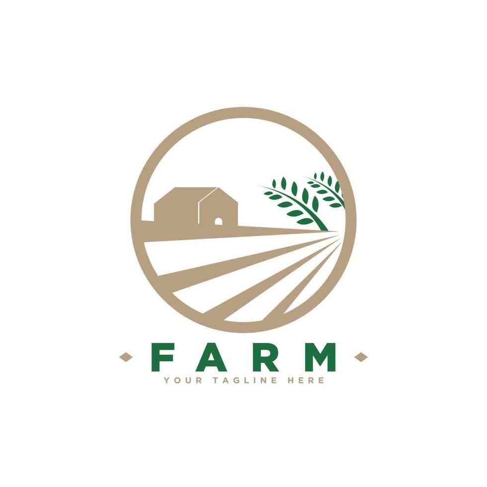 logotipo do conceito de casa de fazenda. modelo com paisagem rural. rótulos de produtos agrícolas naturais. ilustração vetorial. vetor
