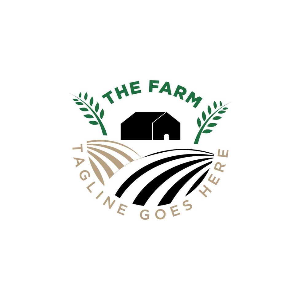 logotipo do conceito de casa de fazenda. modelo com paisagem rural. rótulos de produtos agrícolas naturais. ilustração vetorial. vetor