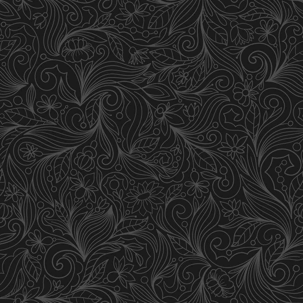 fundo vector preto sem costura com ornamento floral contornado complexo