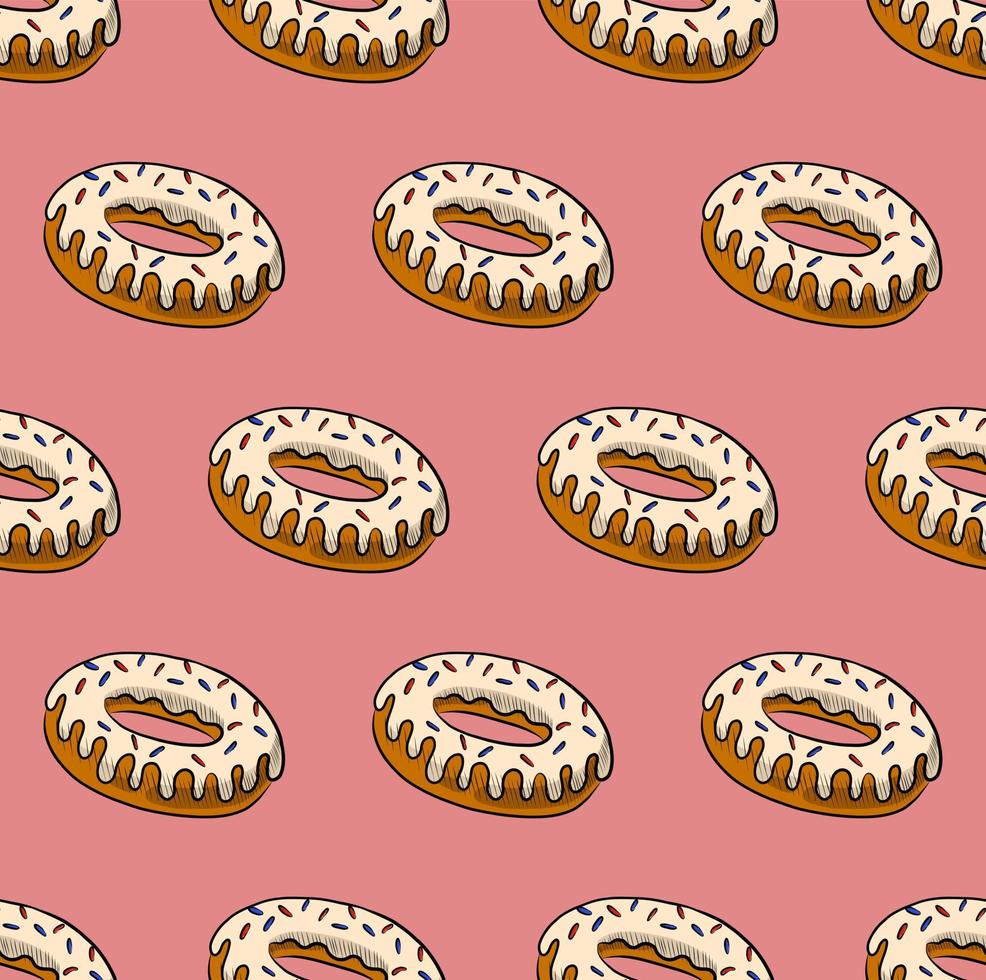 fundo vector sem costura rosa com deliciosos donuts com fudge branco