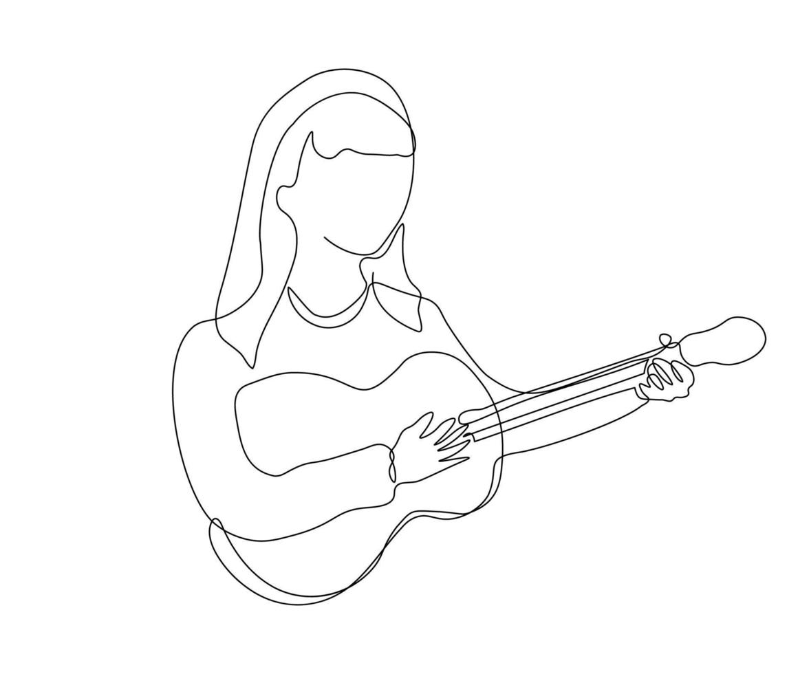 menina abstrata, mulher sem rosto tocando violão, linha mono contínua desenhada à mão, arte de uma linha, desenho de contorno vetor