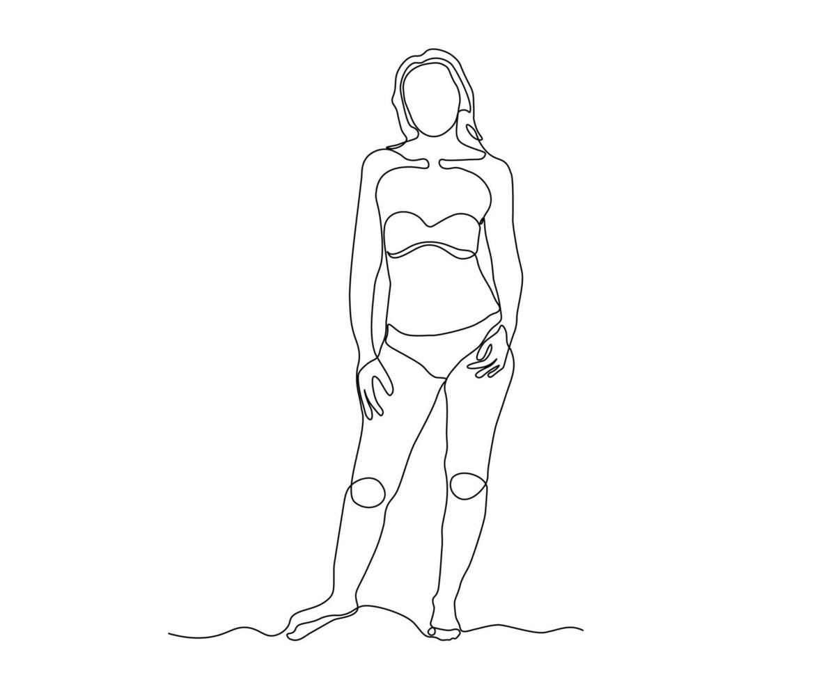 menina abstrata, uma mulher sem rosto em pé em um maiô ou roupa íntima, desenhada à mão, mono linha contínua, arte de uma linha, desenho de contorno vetor