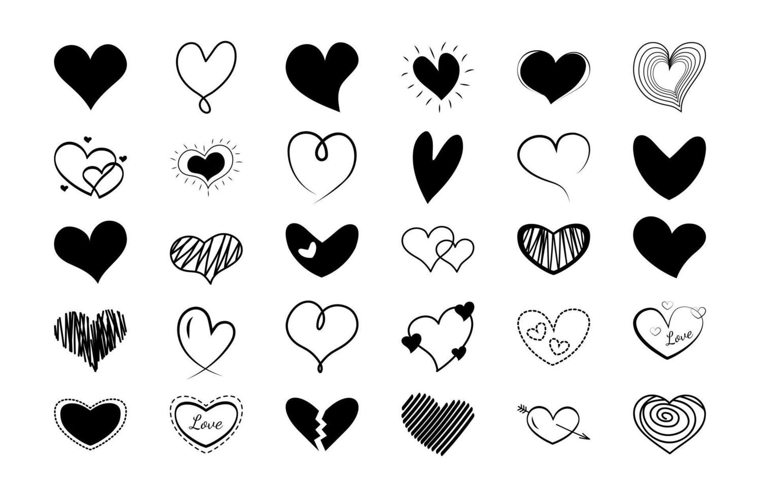 conjunto de corações de rabiscos. corações desenhados à mão negra de diferentes formas e cores. vetor