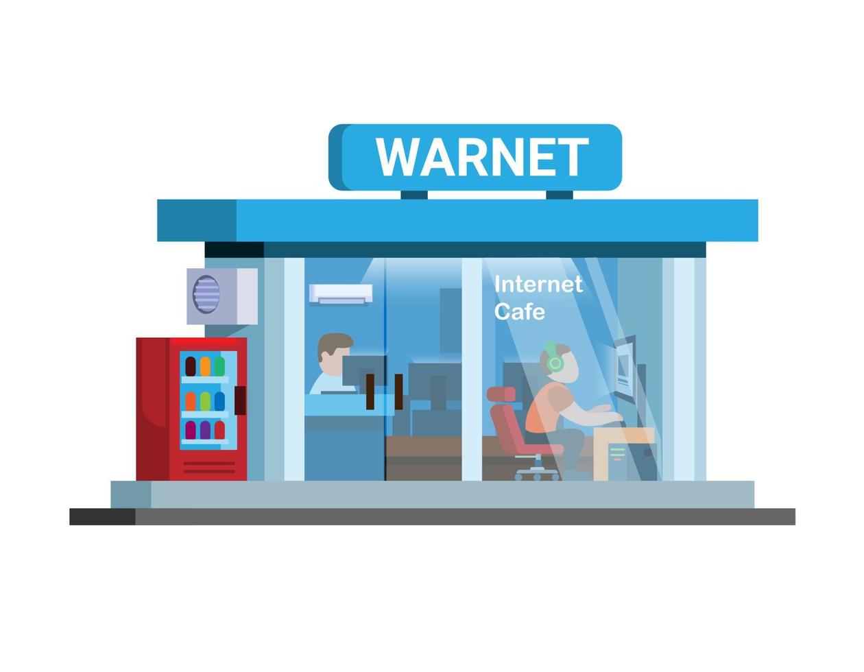 warnet, também conhecido como internet café, construindo vetor de ilustração plana de desenho animado na ásia