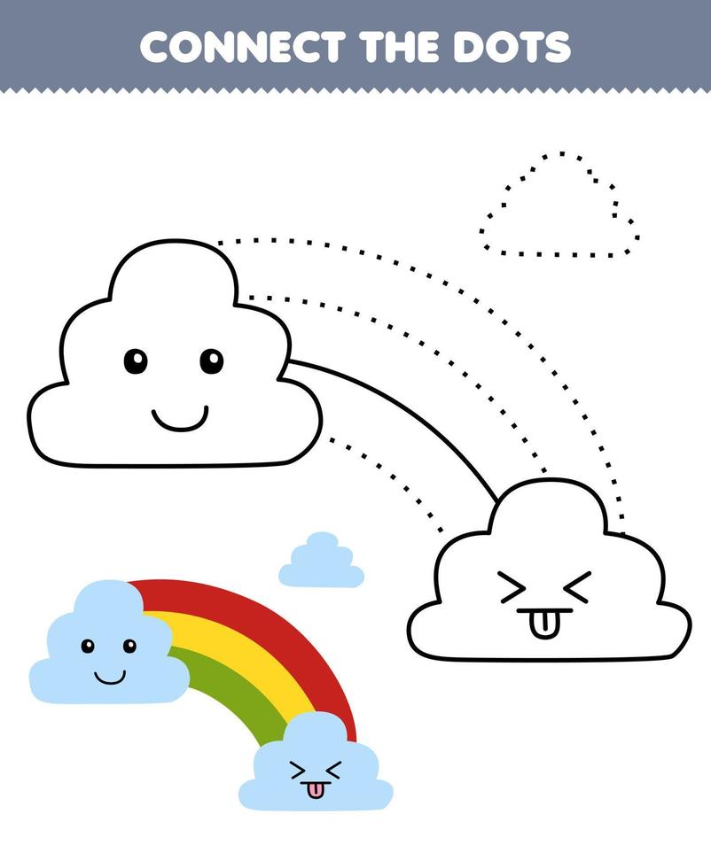 jogo de educação para crianças conectar os pontos e prática de colorir com folha de trabalho de natureza para impressão de nuvem de desenho animado bonito e arco-íris vetor
