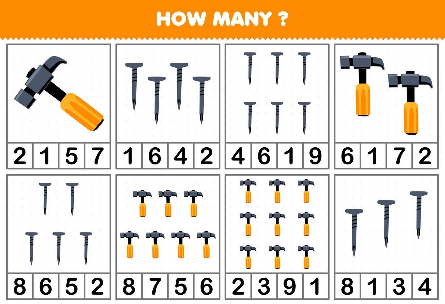 jogo educacional para crianças, contando quantos martelos ou pregos bonitos em cada mesa, planilha de ferramentas imprimíveis vetor