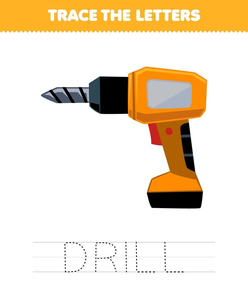jogo educacional para crianças rastreie a folha de trabalho de ferramenta imprimível de broca de desenho animado bonito vetor