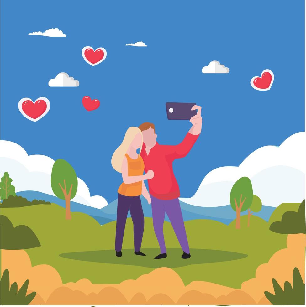 casal postando selfie nas redes sociais na ilustração do dia dos namorados vetor