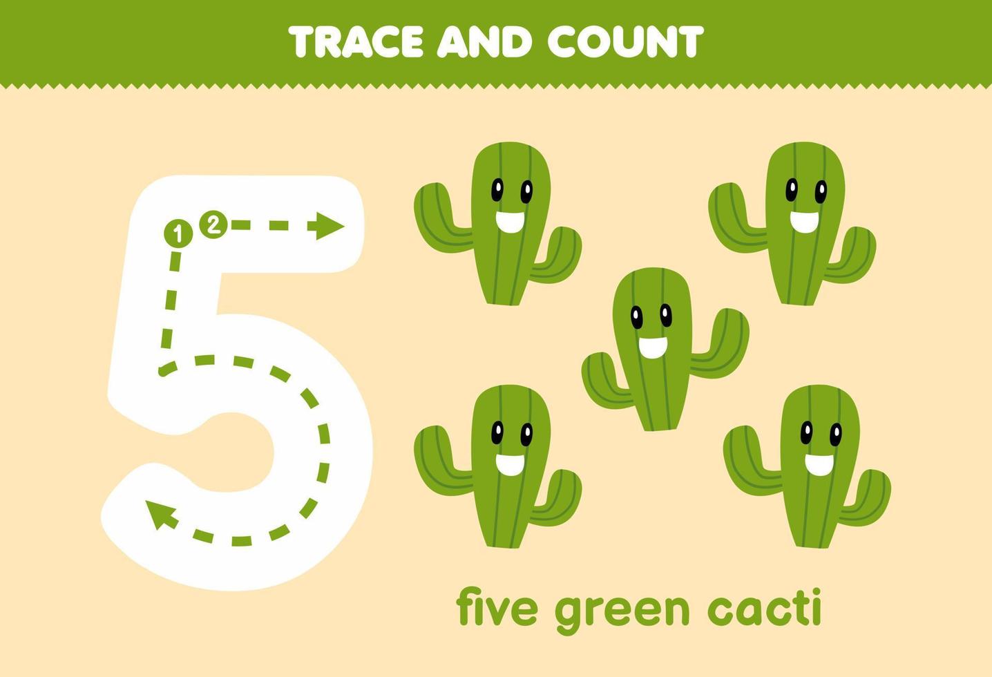 jogo educacional para crianças rastreando o número cinco e contando a planilha de natureza imprimível de cacto de desenho animado fofo vetor