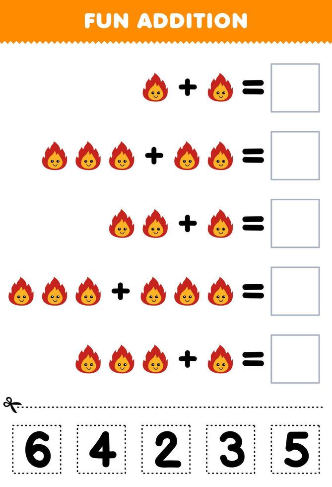 jogo educativo para crianças adição divertida por cortar e combinar o número correto para folha de trabalho de natureza imprimível de fogo de desenho animado bonito vetor