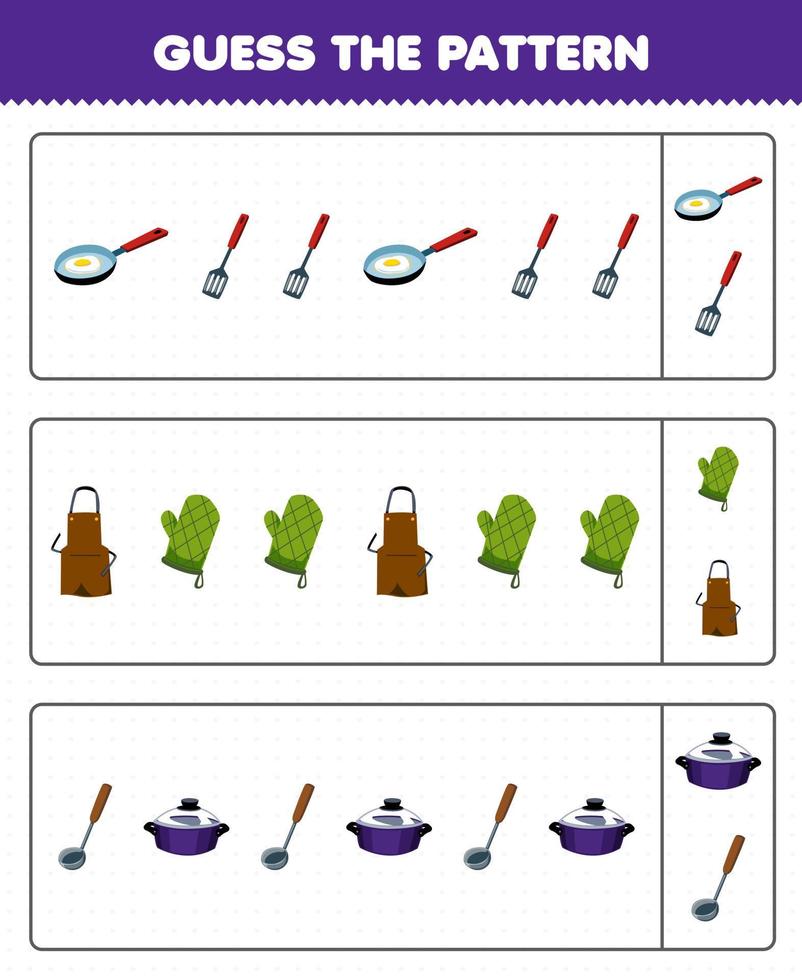 jogo de educação para crianças adivinhar o padrão de cada linha de desenho animado bonito frigideira espátula avental luva de forno pote concha planilha de ferramenta para impressão vetor