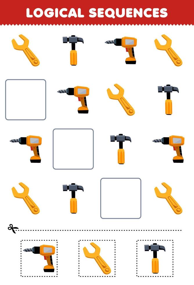 jogo educacional para crianças sequências lógicas para crianças com uma ferramenta de impressão de chave de martelo de broca de desenho animado bonito vetor