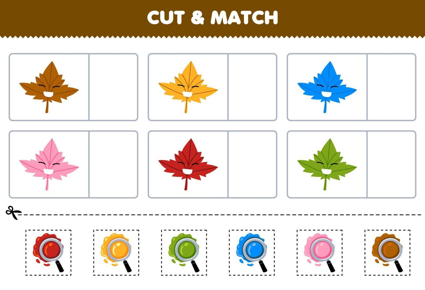 jogo de educação para crianças cortar e combinar a mesma cor da planilha de natureza imprimível de folha de bordo de desenho animado bonito vetor