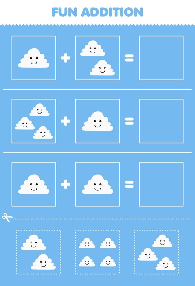 jogo de educação para crianças adição divertida por corte e correspondência de imagens fofas de nuvem de desenho animado para planilha de natureza imprimível vetor