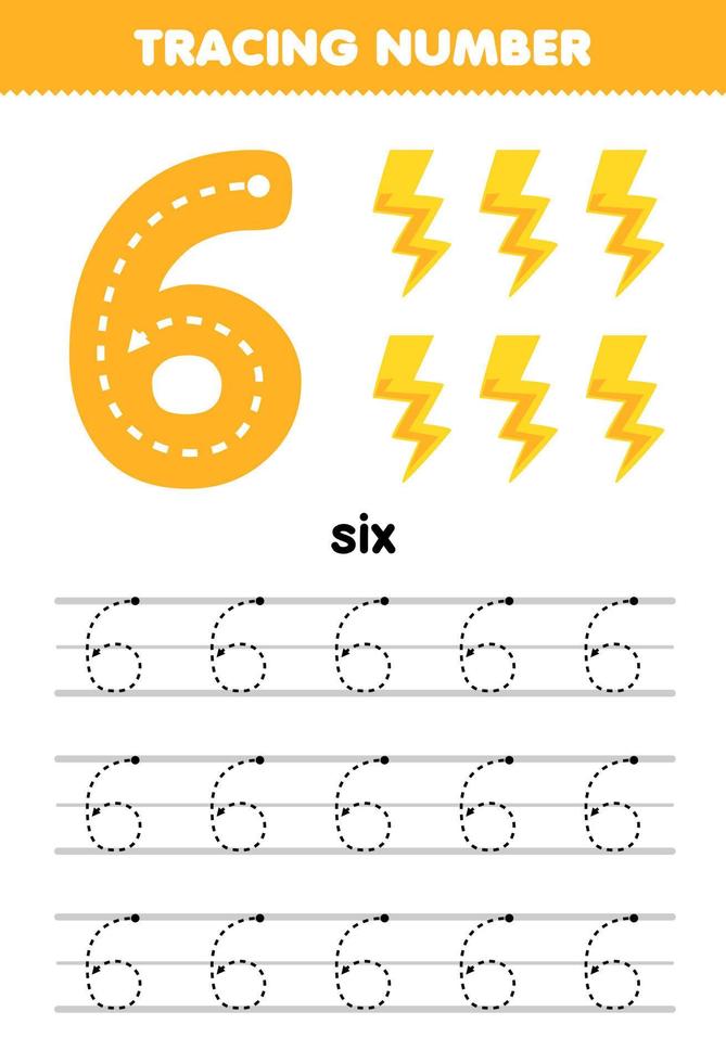 jogo de educação para crianças traçando o número seis com imagem de trovão de desenho animado folha de trabalho de natureza imprimível vetor