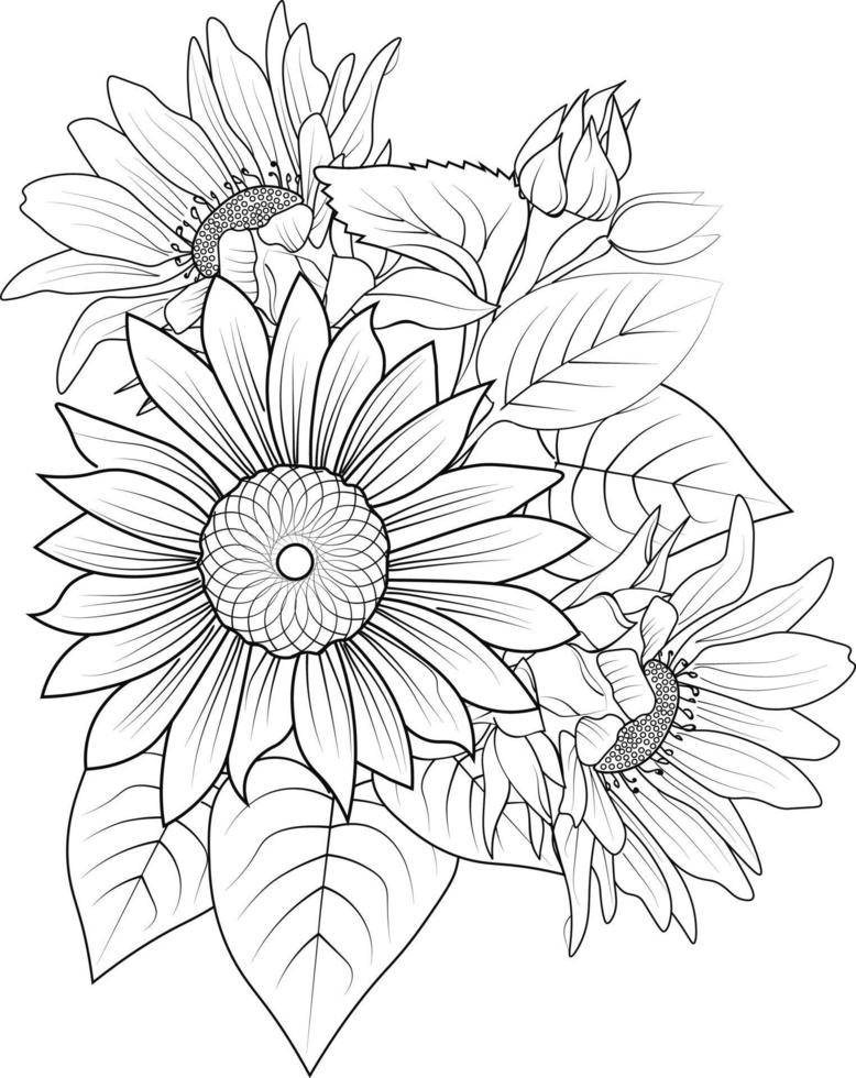 ramo de flores de girassol, ilustração vetorial desenhada à mão elementos de design vintage buquê coleção natural floral página para colorir e livro para adultos e crianças isolar em fundo branco, vetor