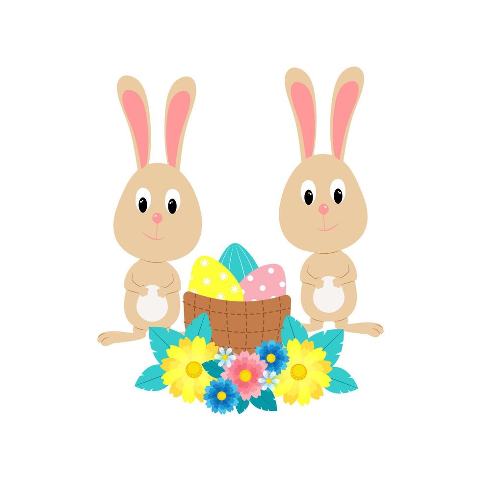 dois coelhinhos fofos e cesta com ovos decorados com cartão de páscoa de flores, cartão vetorial para páscoa. vetor