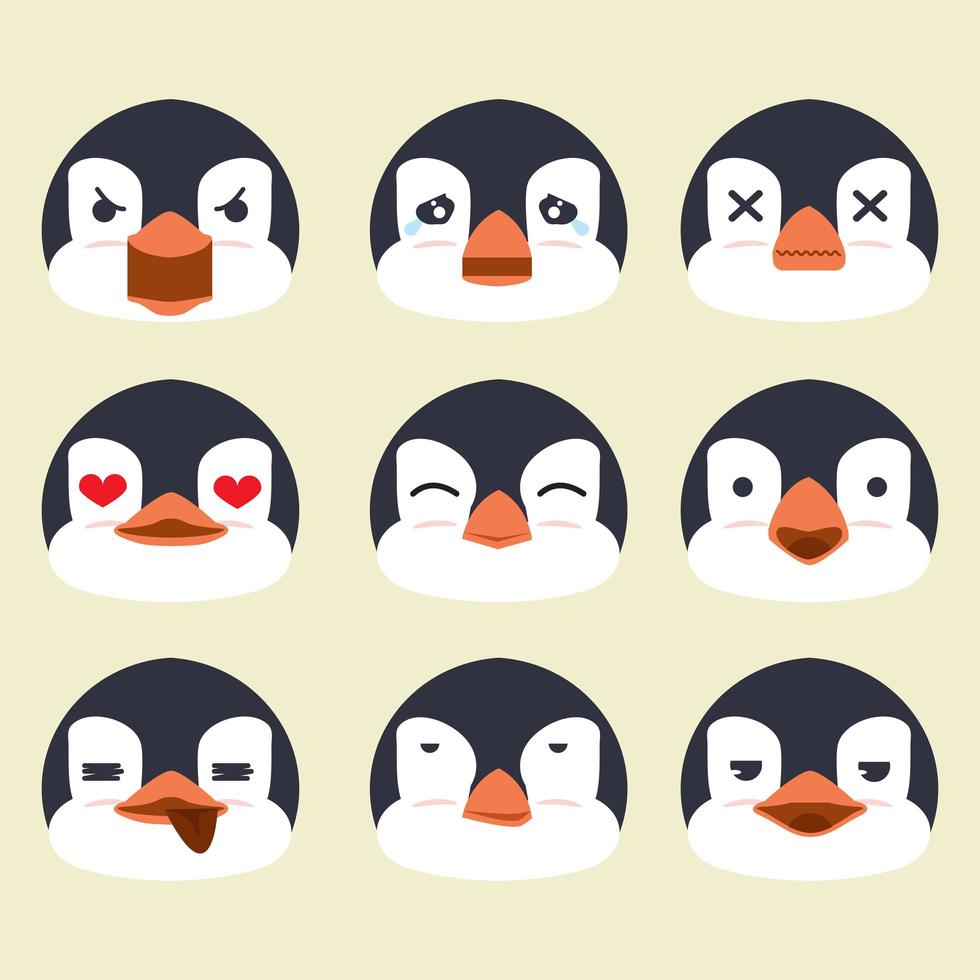 conjunto de vetores de emoção de rosto de pinguins