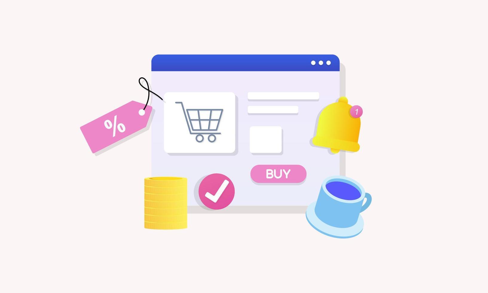 ilustração 3d de compras online, loja online, pagamento online e conceito de entrega com elementos flutuantes vetor