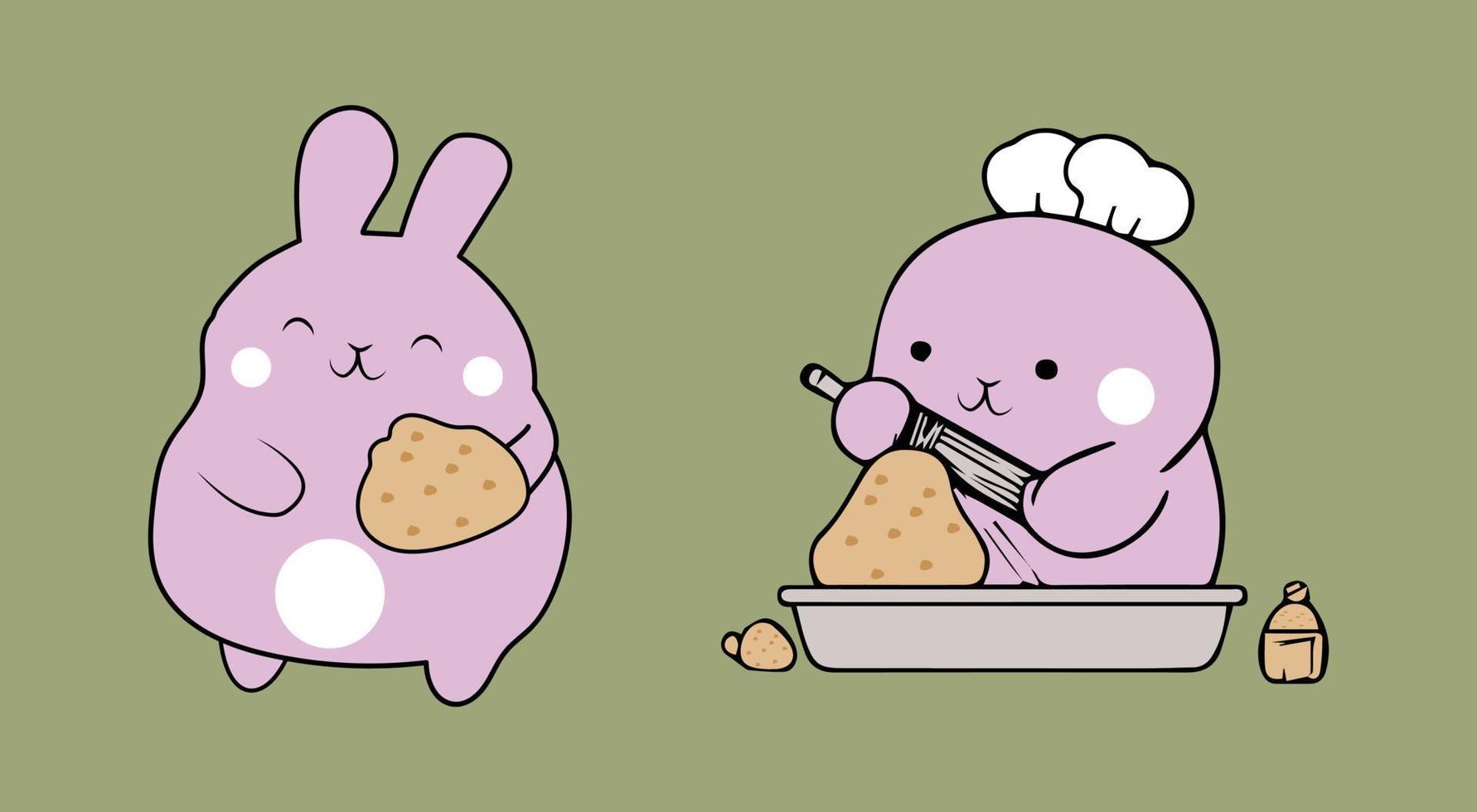 conjunto de vetores de personagem de desenho animado bonito, desenho animado bonito comendo pão e cozinhando ilustração vetorial de pão.