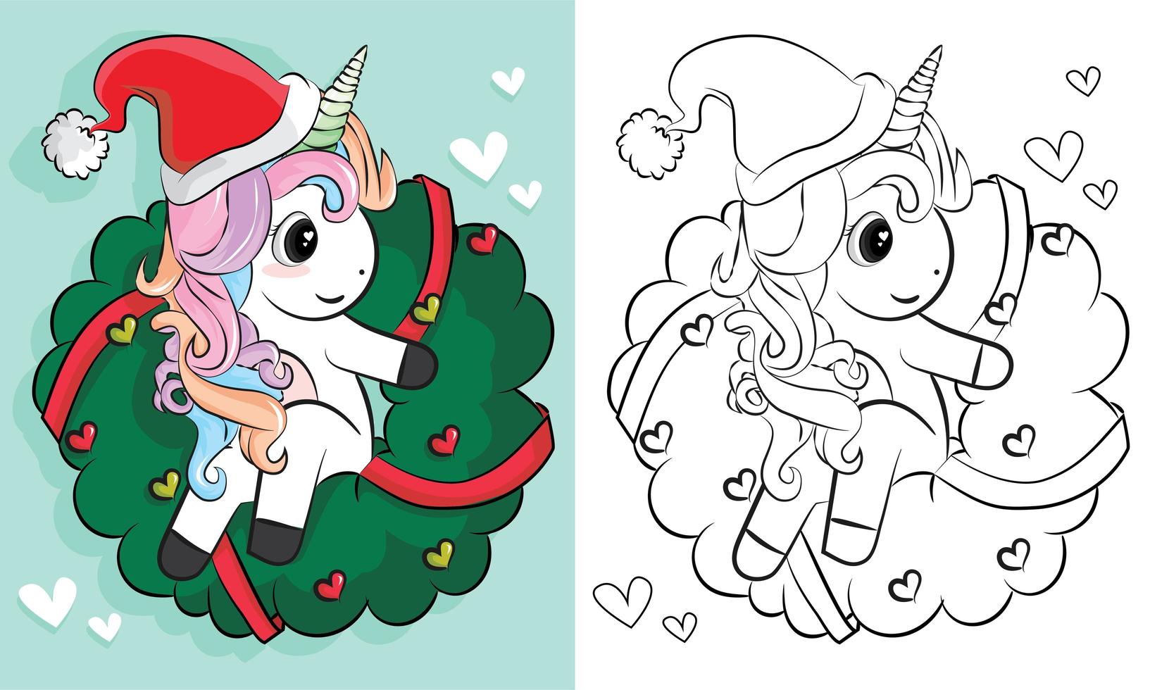 páginas para colorir de unicórnios de natal. unicórnio desenhado mão dos desenhos animados. ilustração vetorial. design para livro de colorir, cartões, camisetas e outros vetor