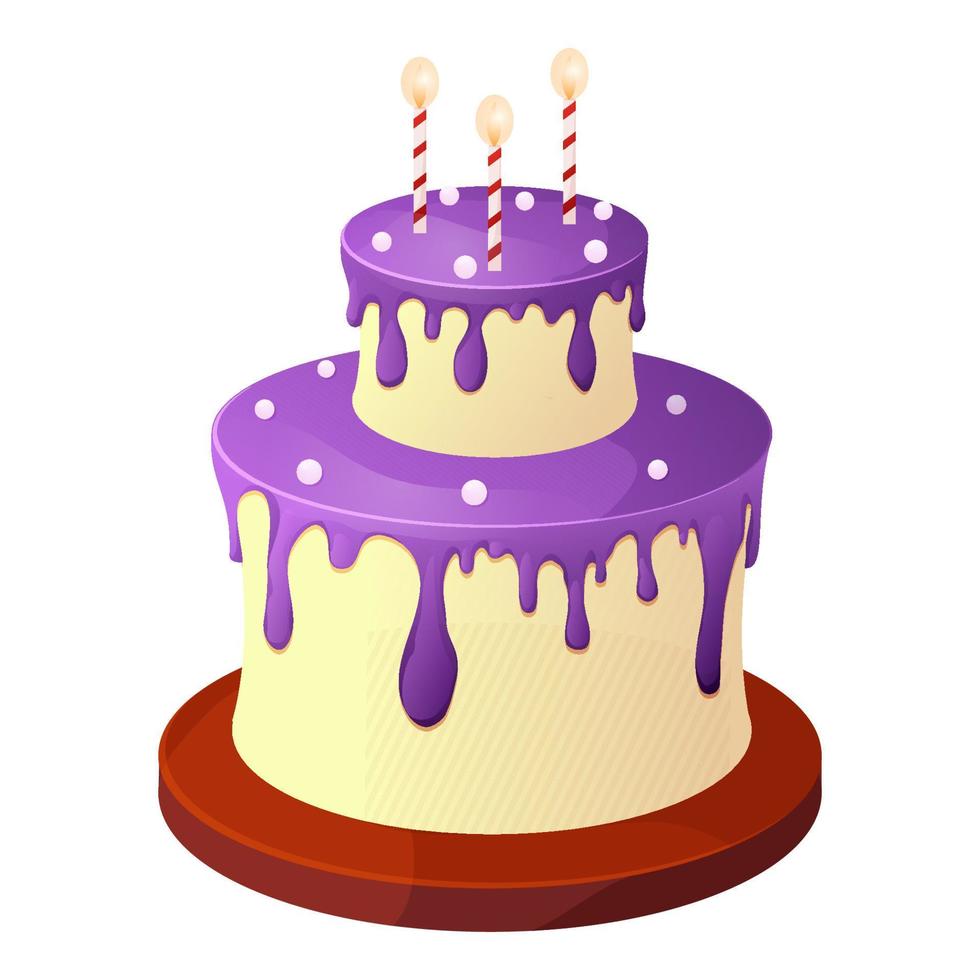 bolo de aniversário na placa de madeira com creme, gotejamento, velas, deserto de aniversário em estilo cartoon, isolado no fundo branco. ilustração vetorial vetor