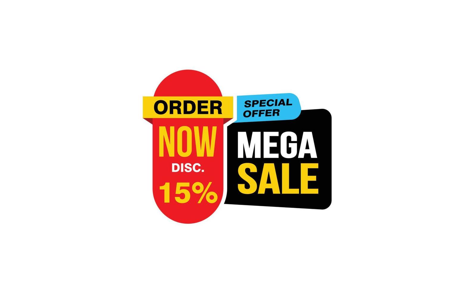 Oferta de mega venda de 15 por cento, liberação, layout de banner de promoção com estilo de adesivo. vetor