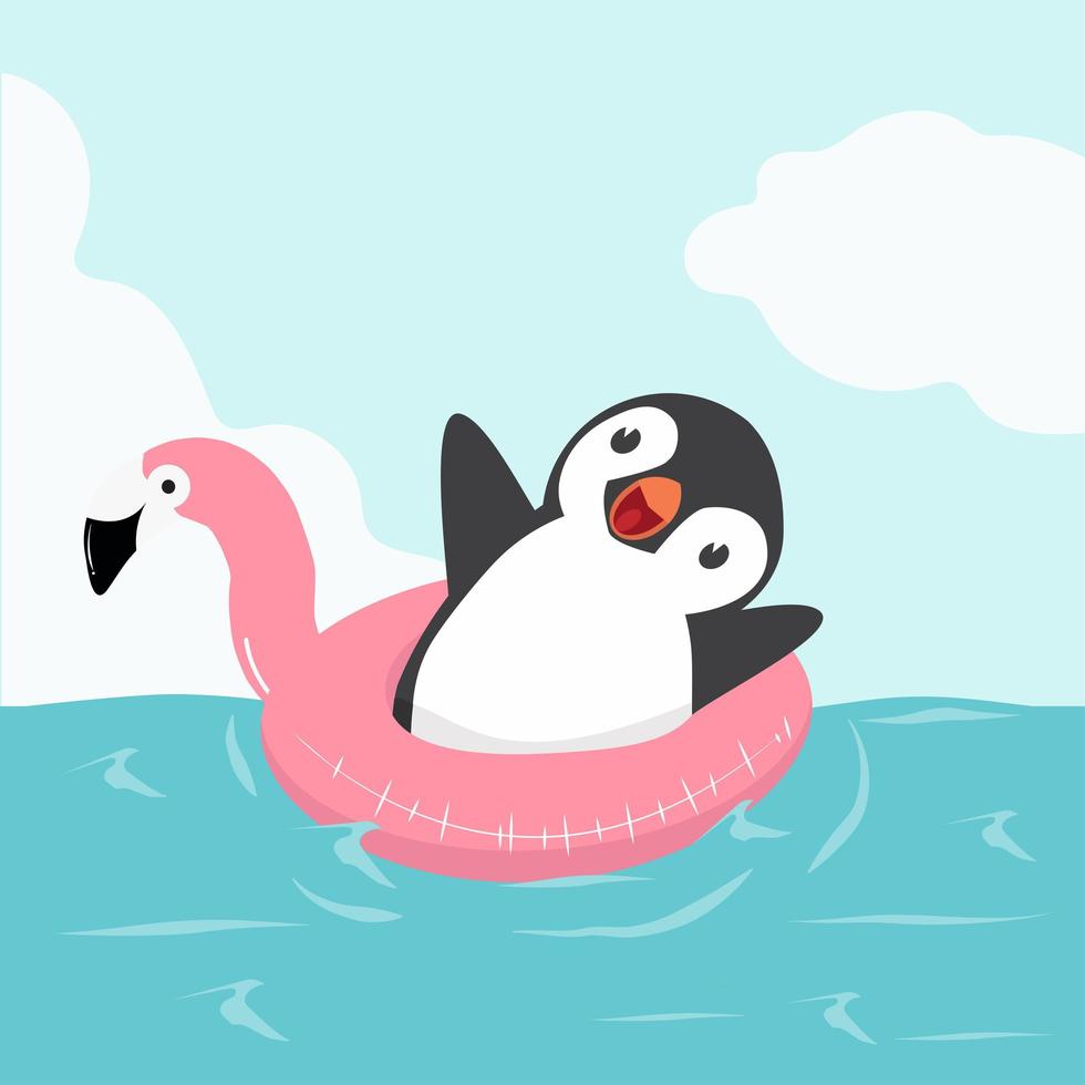 pinguim fofo com flamingo flutuando no mar vetor