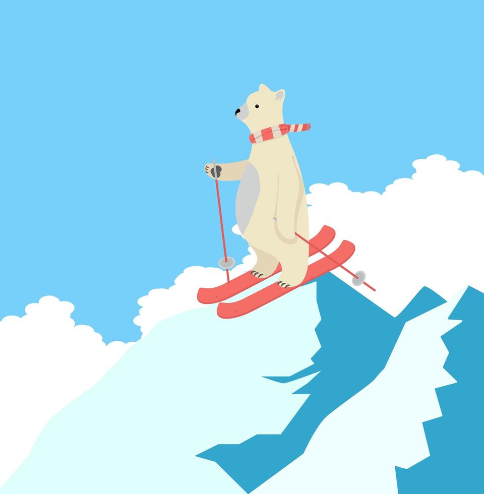 urso polar fofo feliz esquiando no topo de uma montanha vetor
