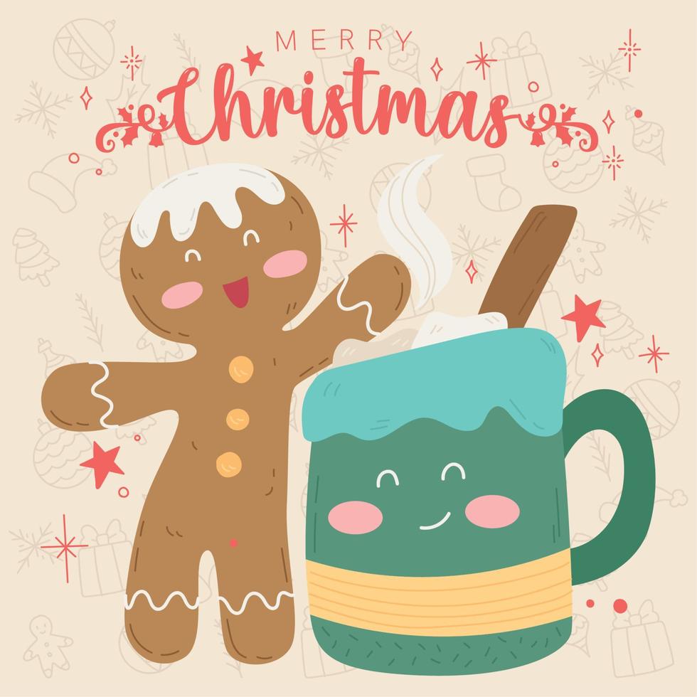 xícara de chocolate e desenho de homem de gengibre feliz natal cartão de saudação vetor